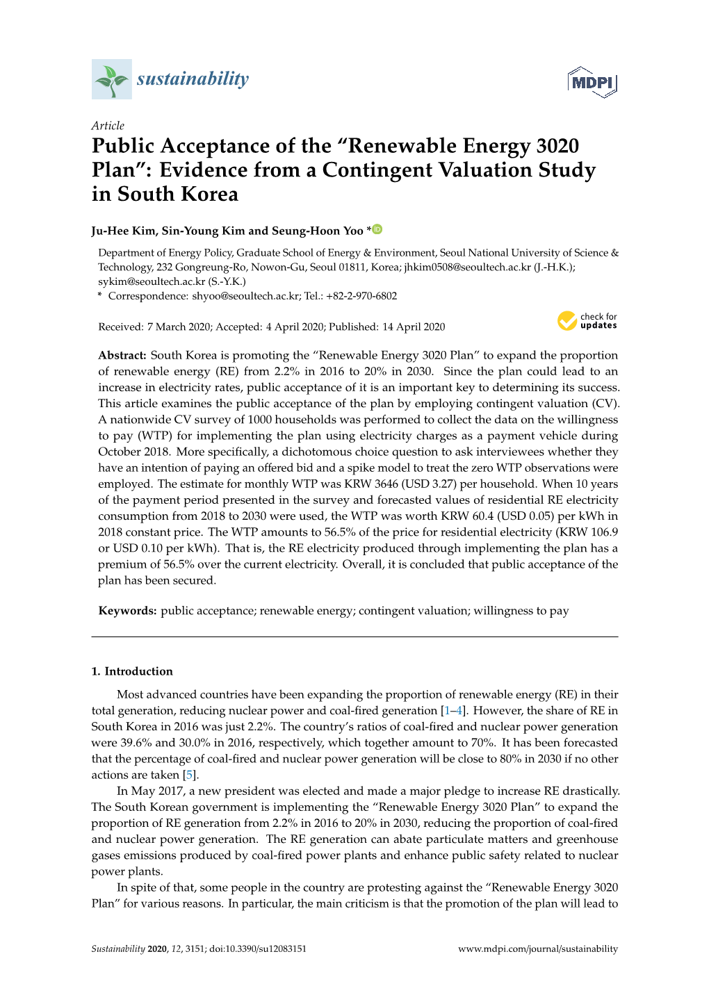 Public Acceptance of the “Renewable Energy 3020 Plan”: Evidence from a Contingent Valuation Study in South Korea