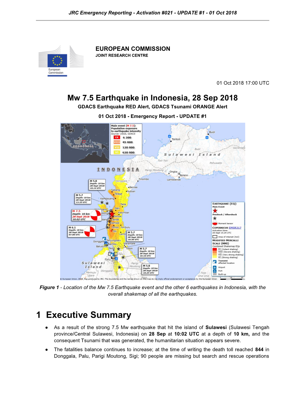 Mw 7.5 Earthquake in Indonesia, 28 Sep 2018 GDACS Earthquake RED Alert, GDACS Tsunami ORANGE Alert 01 Oct 2018 - Emergency Report - UPDATE #1