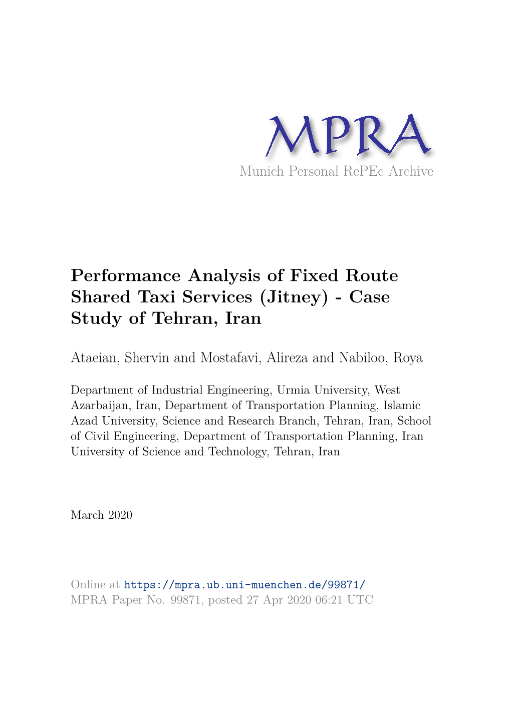 Performance Analysis of Fixed Route Shared Taxi Services (Jitney) - Case Study of Tehran, Iran