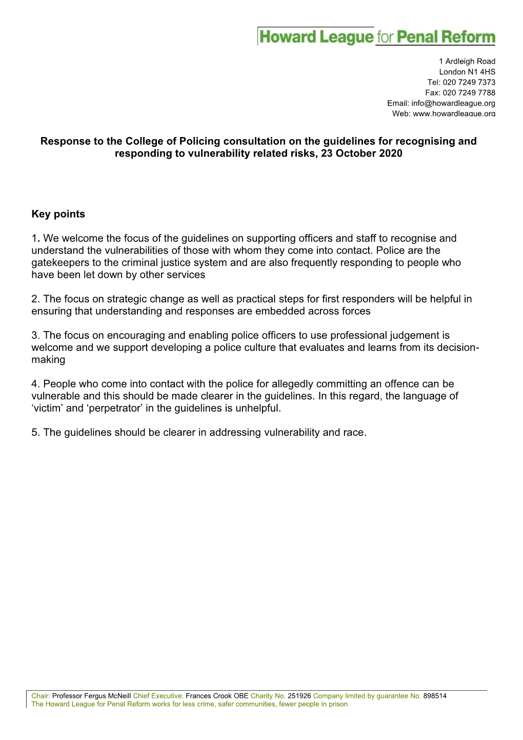 Response to the College of Policing Consultation on the Guidelines for Recognising and Responding to Vulnerability Related Risks, 23 October 2020