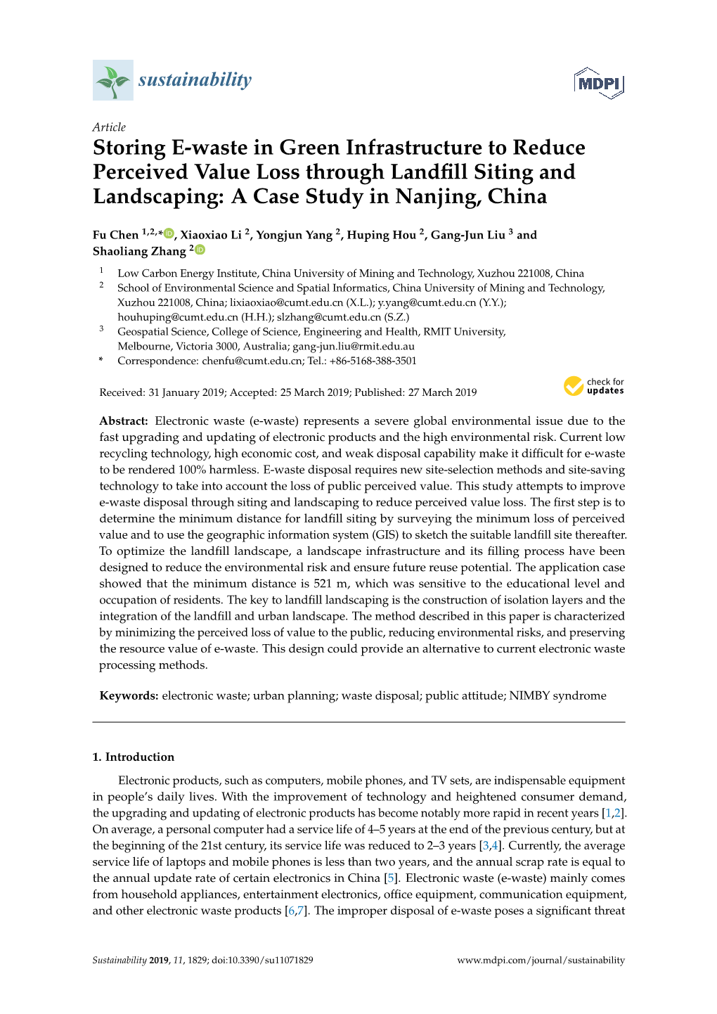 Storing E-Waste in Green Infrastructure to Reduce Perceived Value Loss Through Landﬁll Siting and Landscaping: a Case Study in Nanjing, China