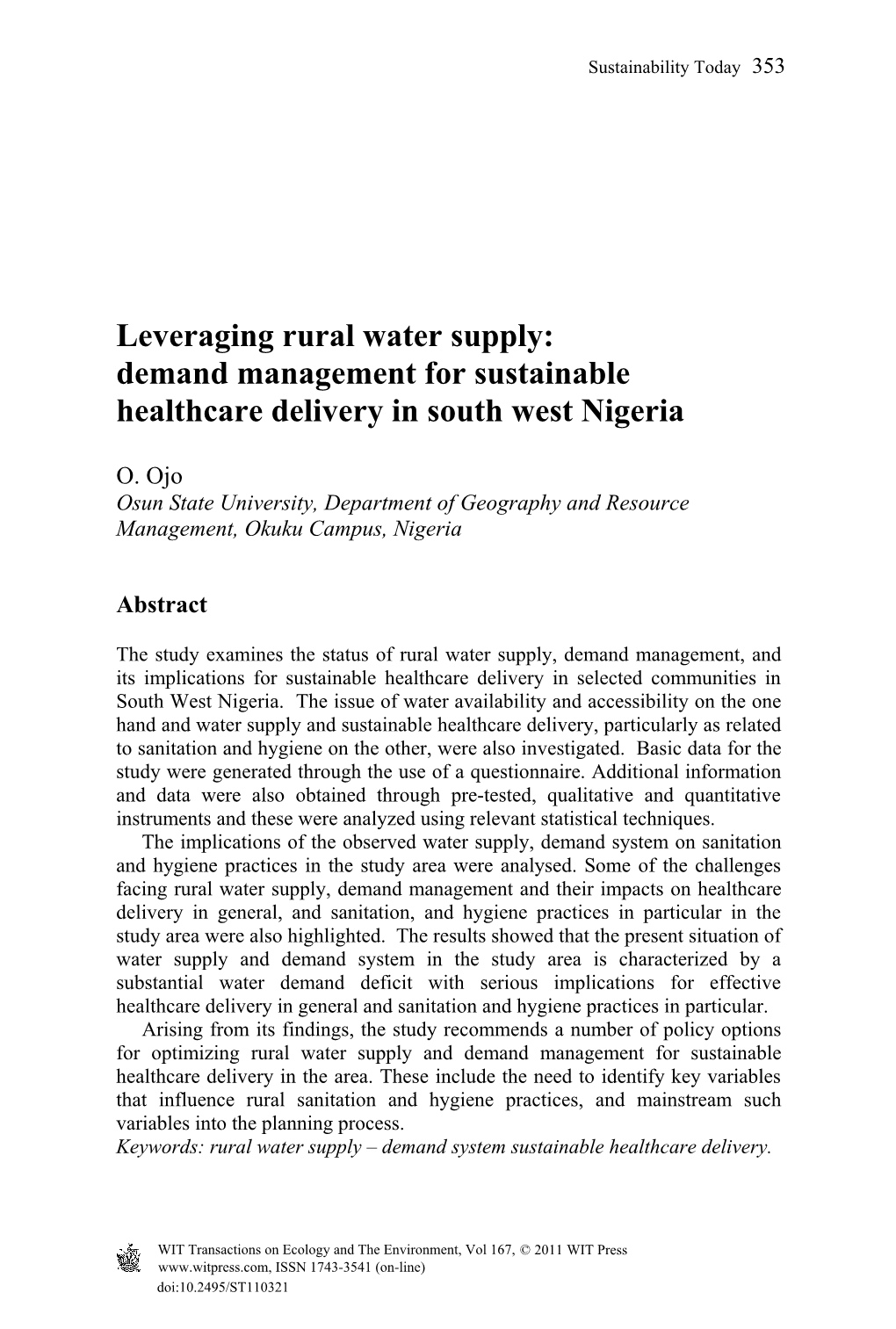 Leveraging Rural Water Supply: Demand Management for Sustainable Healthcare Delivery in South West Nigeria