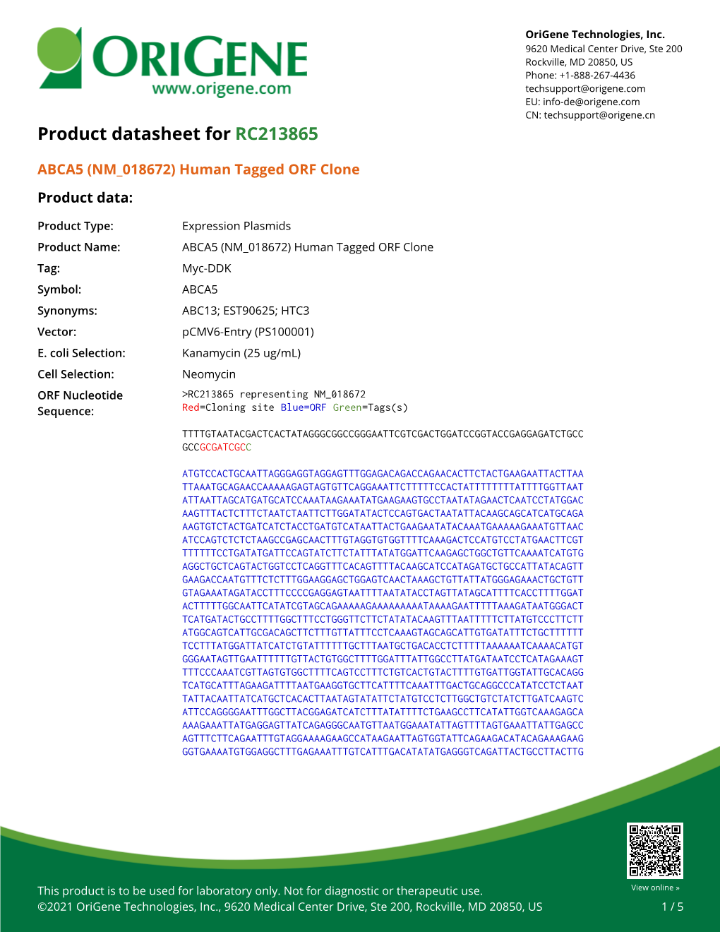 ABCA5 (NM 018672) Human Tagged ORF Clone – RC213865 | Origene