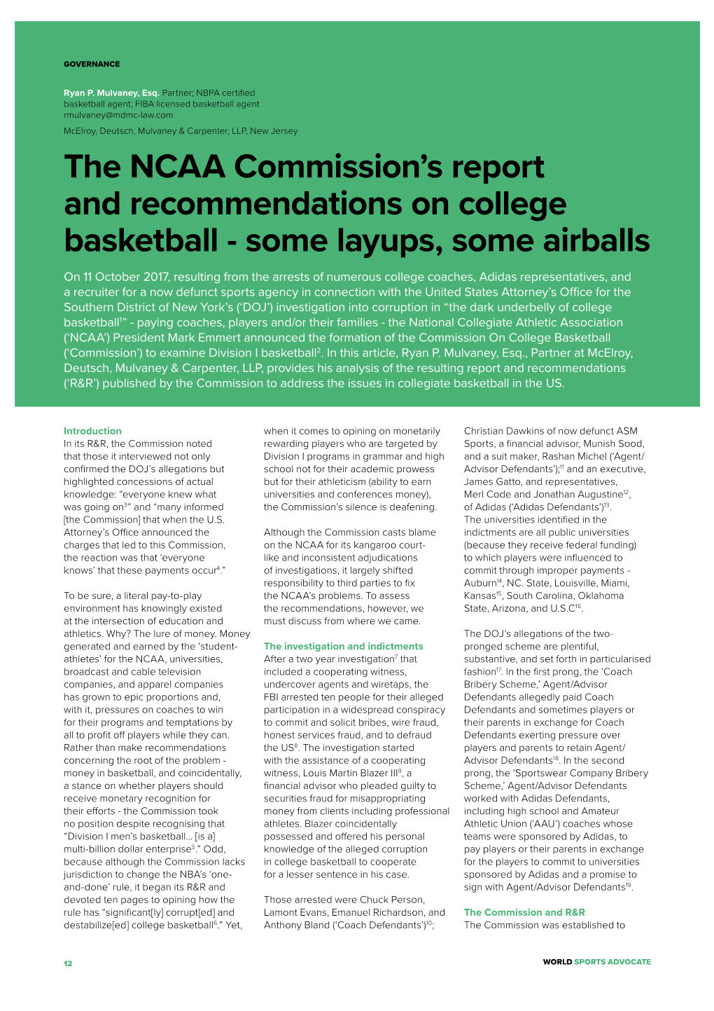 "The NCAA Commission's Report and Recommendations on College Basketball