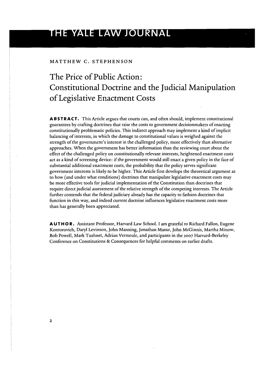 Constitutional Doctrine and the Judicial Manipulation of Legislative Enactment Costs