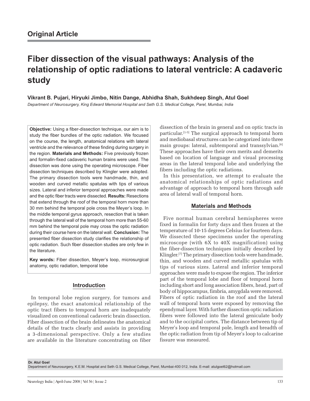 Analysis of the Relationship of Optic Radiations to Lateral Ventricle: a Cadaveric Study