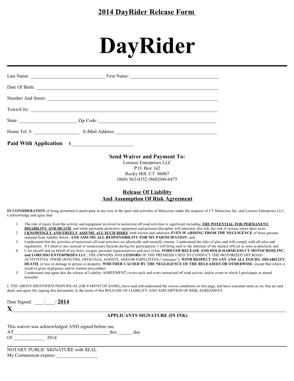 2014 Dayrider Release Form