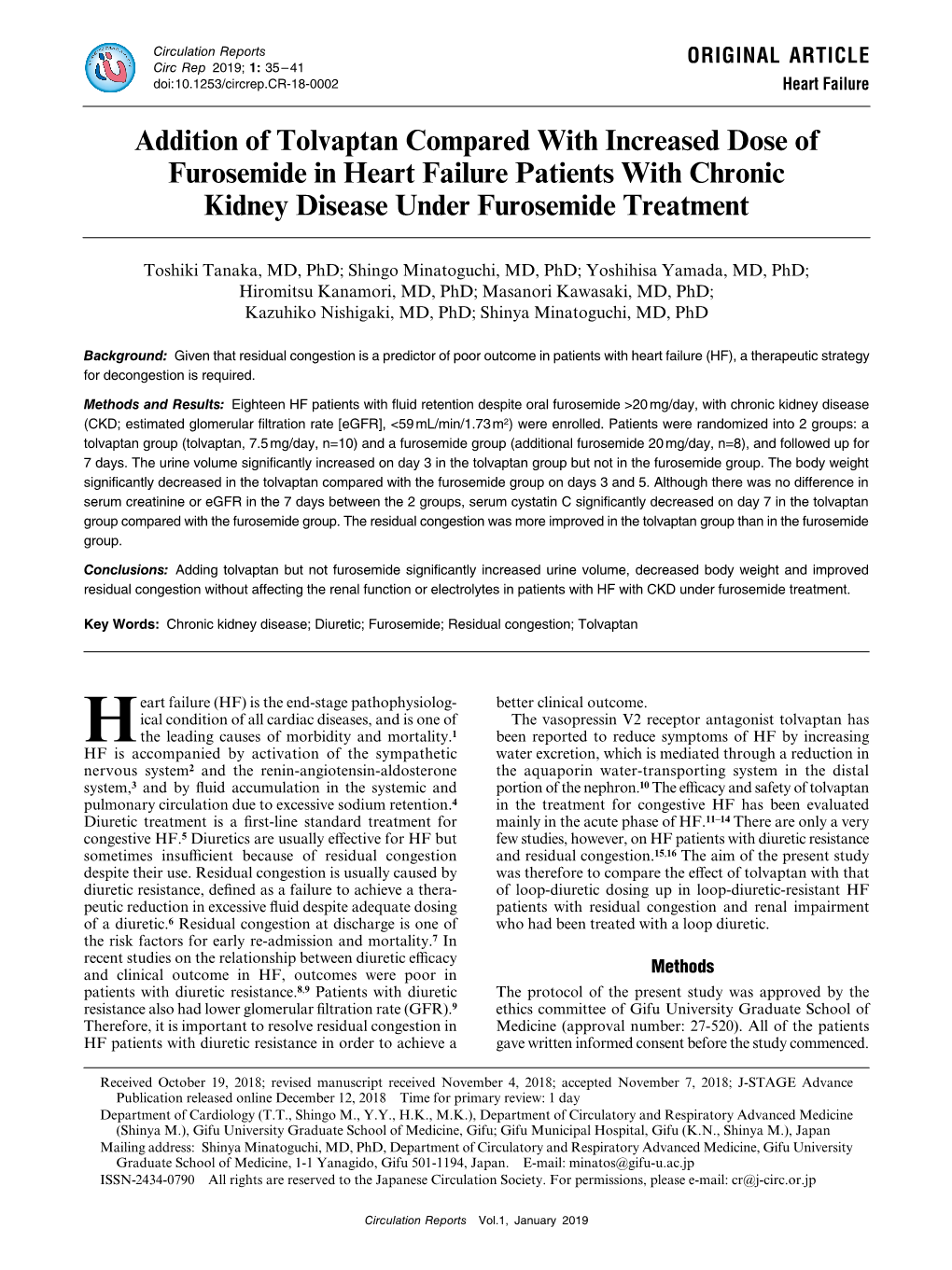 Addition of Tolvaptan Compared with Increased Dose of Furosemide in Heart Failure Patients with Chronic Kidney Disease Under Furosemide Treatment