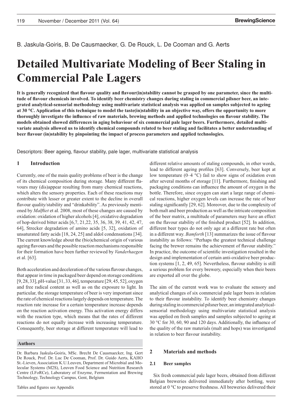 Detailed Multivariate Modeling of Beer Staling in Commercial Pale Lagers