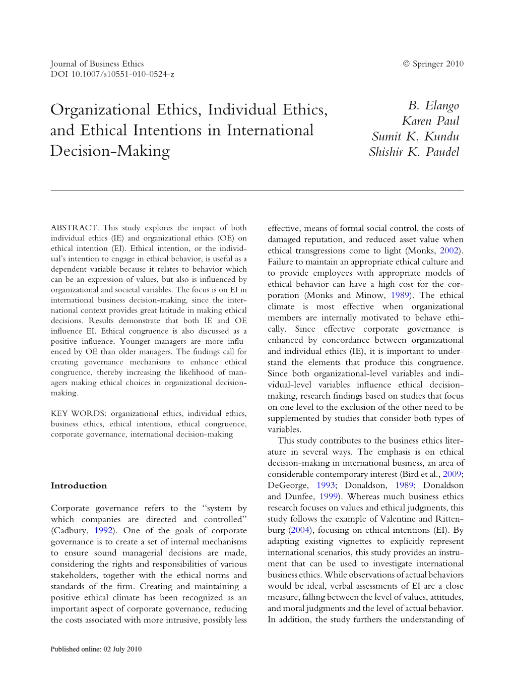 Organizational Ethics, Individual Ethics, and Ethical Intentions In