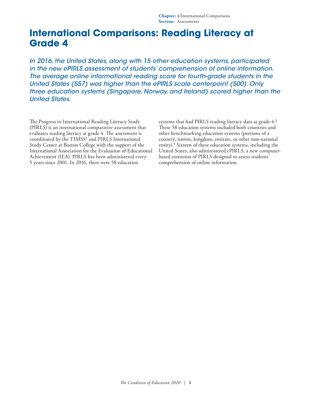 International Comparisons: Reading Literacy at Grade 4