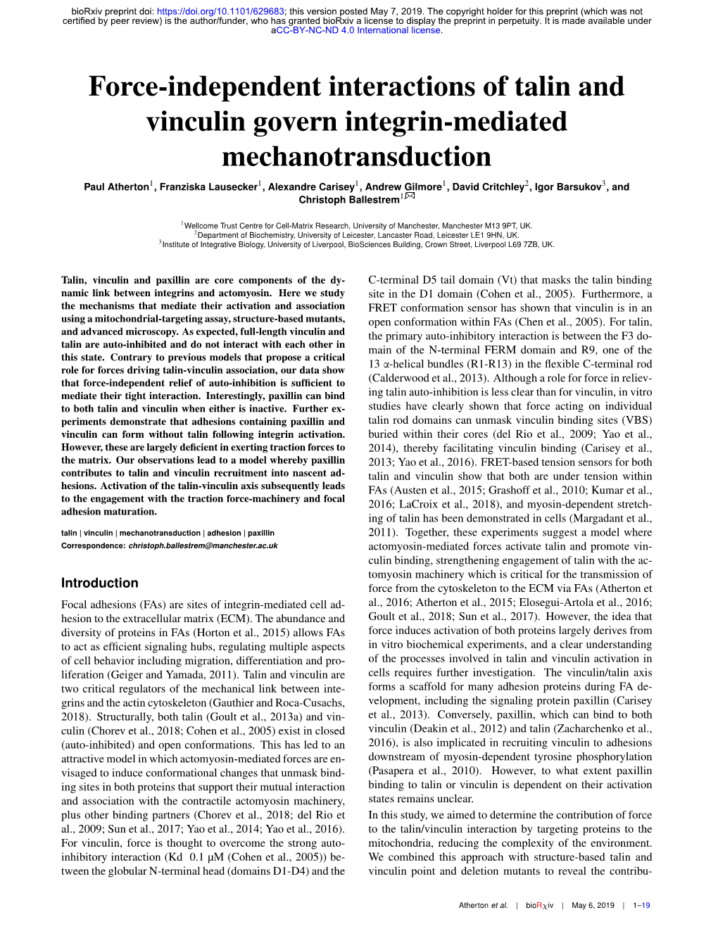 Force-Independent Interactions of Talin and Vinculin Govern Integrin-Mediated Mechanotransduction