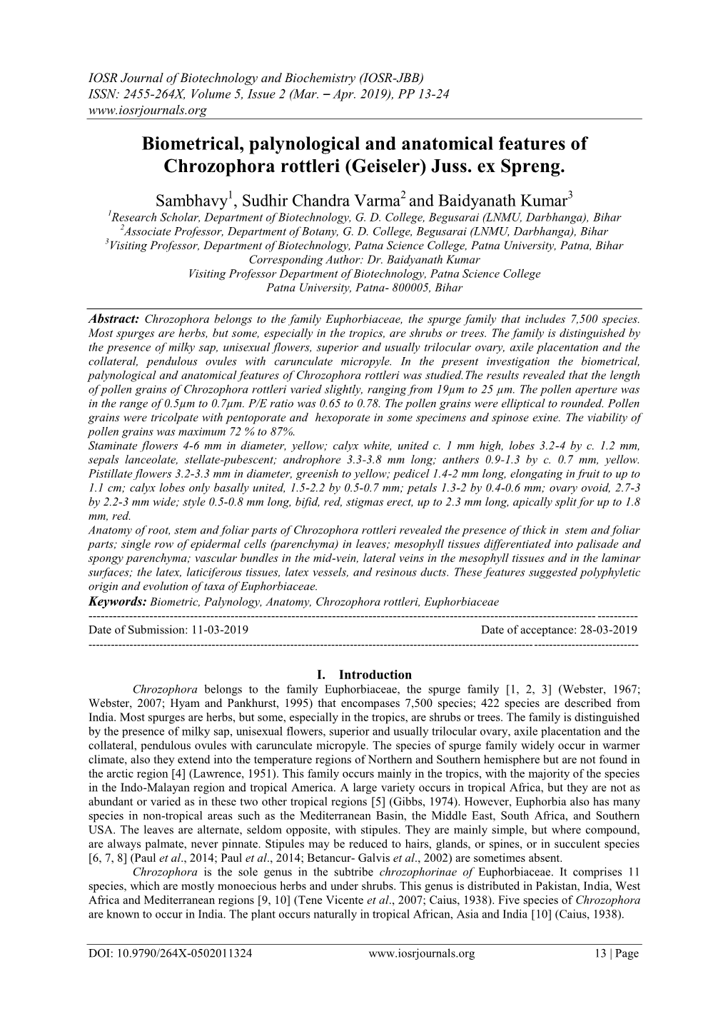 Biometrical, Palynological and Anatomical Features of Chrozophora Rottleri (Geiseler) Juss