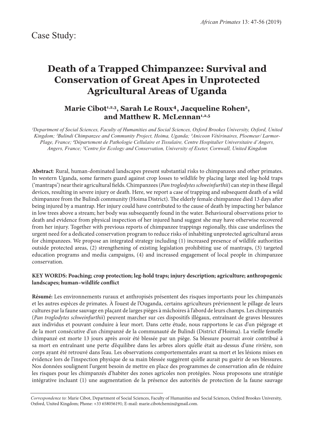 Death of a Trapped Chimpanzee: Survival and Conservation of Great Apes in Unprotected Agricultural Areas of Uganda