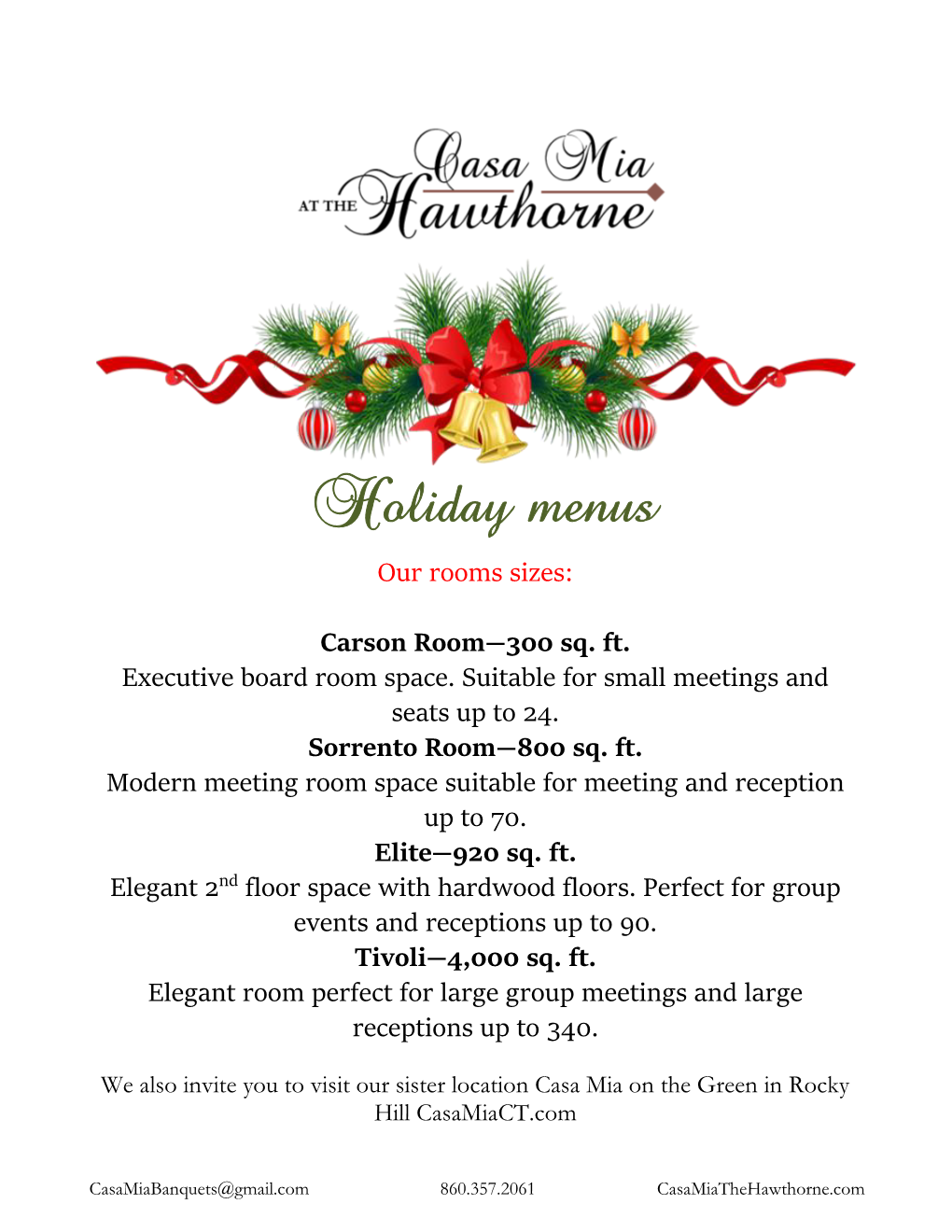 Holiday Menus Our Rooms Sizes