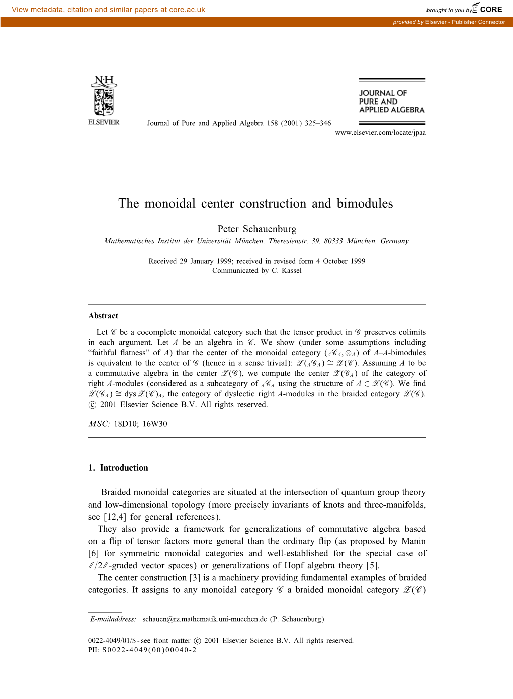 The Monoidal Center Construction and Bimodules