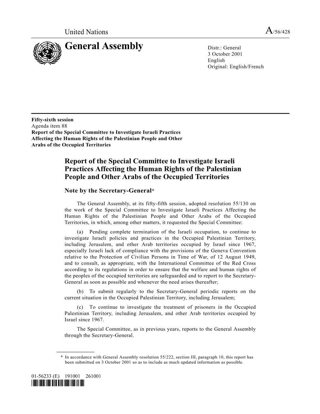 General Assembly Distr.: General 3 October 2001 English Original: English/French