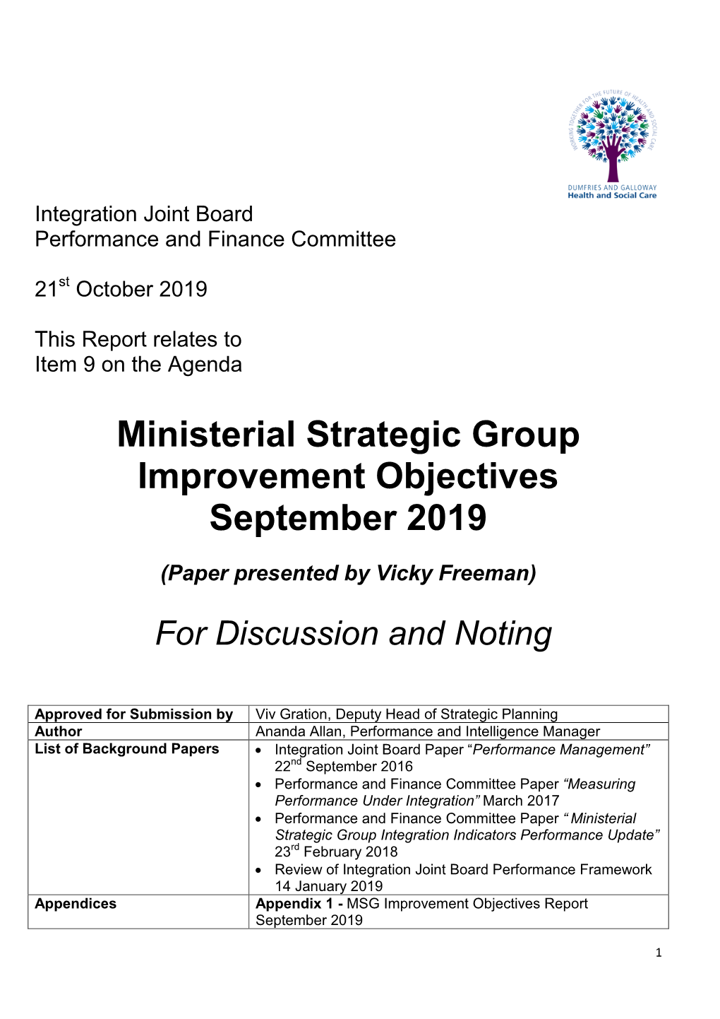 Ministerial Strategic Group Improvement Objectives September 2019