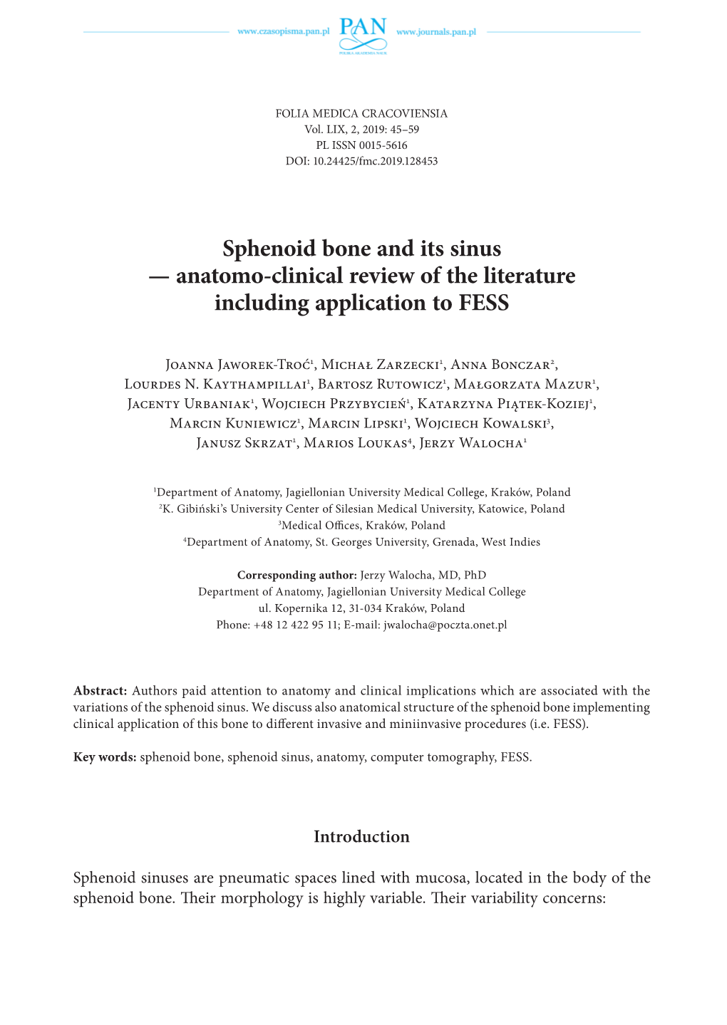 Sphenoid Bone and Its Sinus — Anatomo-Clinical Review of the Literature Including Application to FESS