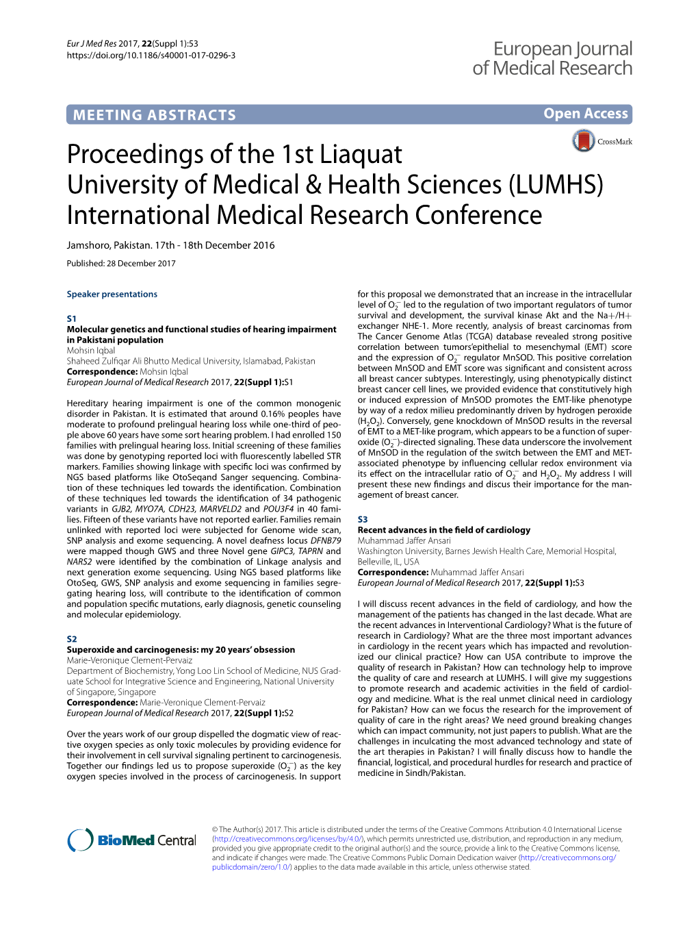 Proceedings of the 1St Liaquat University of Medical & Health Sciences (LUMHS) International Medical Research Conference