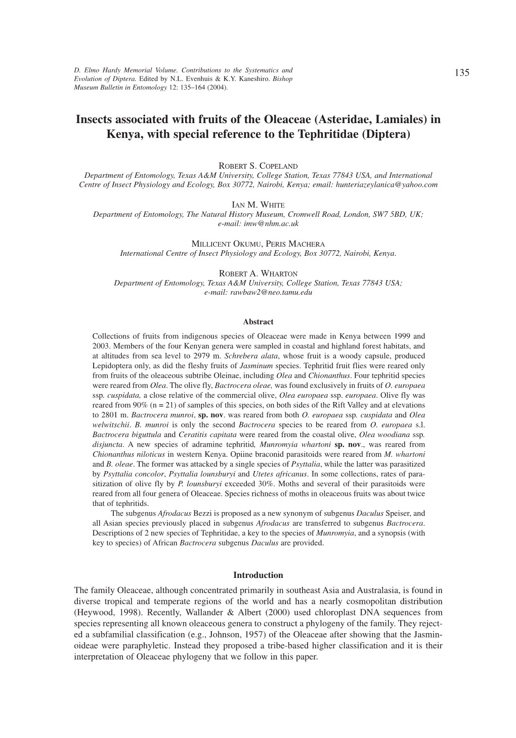 Insects Associated with Fruits of the Oleaceae (Asteridae, Lamiales) in Kenya, with Special Reference to the Tephritidae (Diptera)