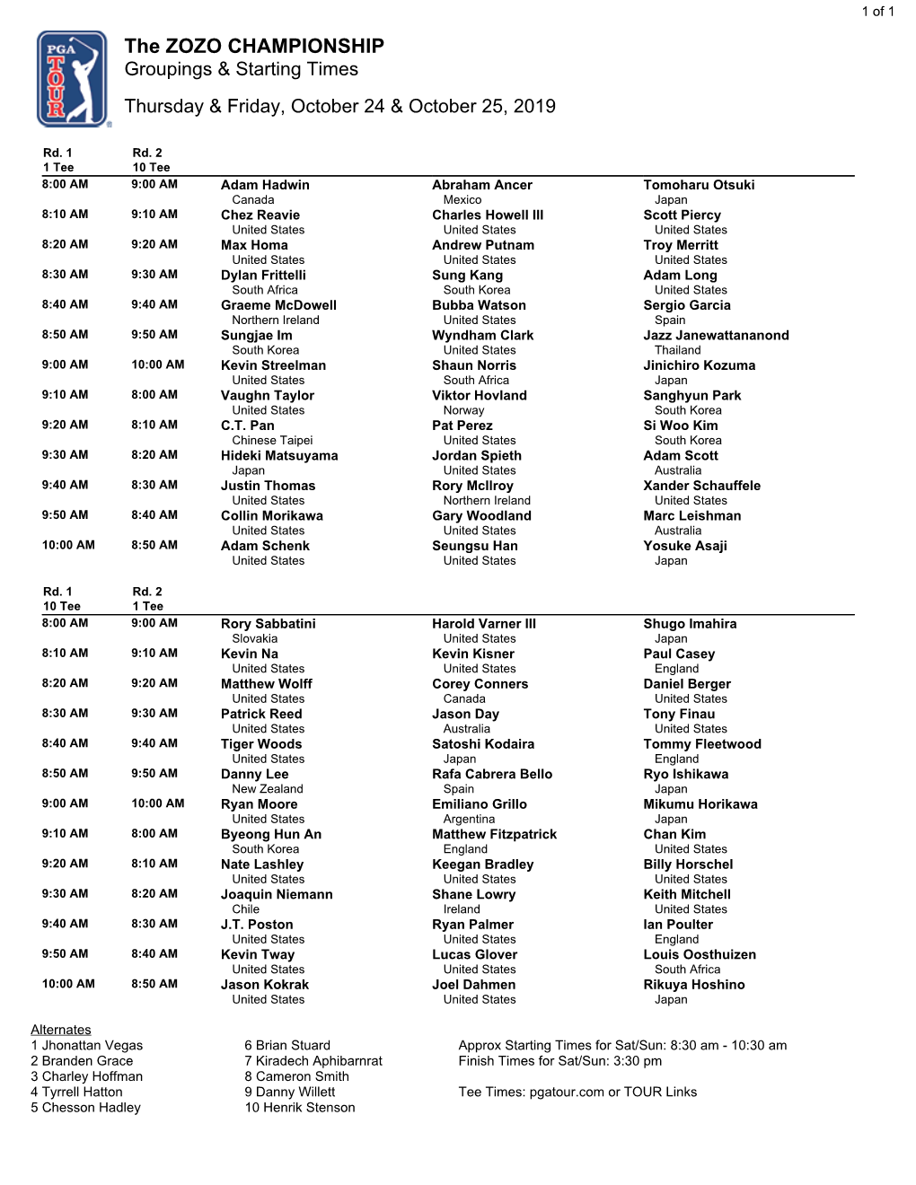 The ZOZO CHAMPIONSHIP Groupings & Starting Times Thursday & Friday, October 24 & October 25, 2019