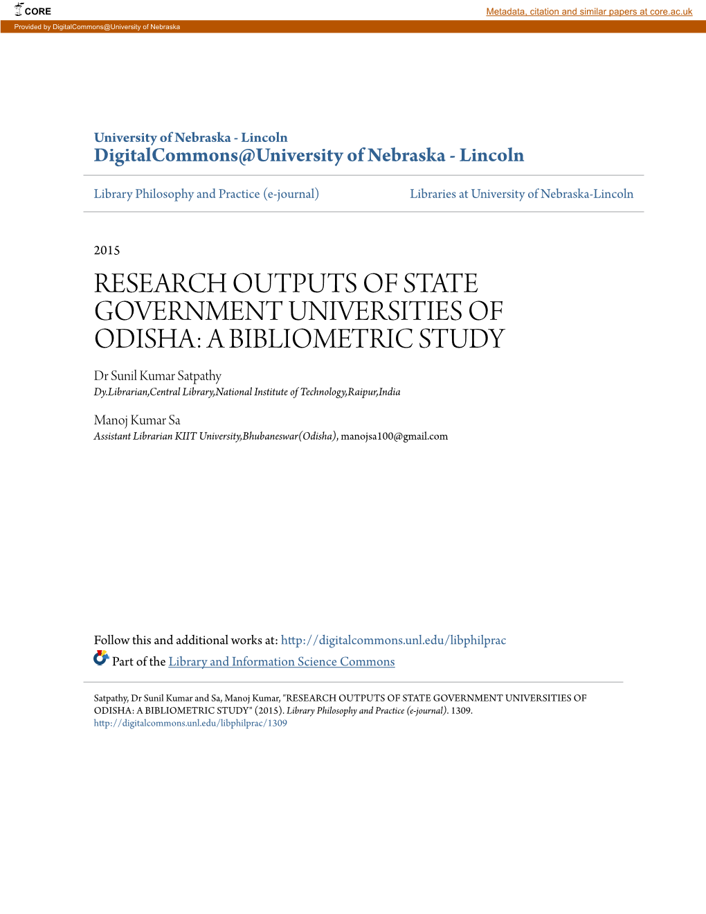 Research Outputs of State Government Universities Of