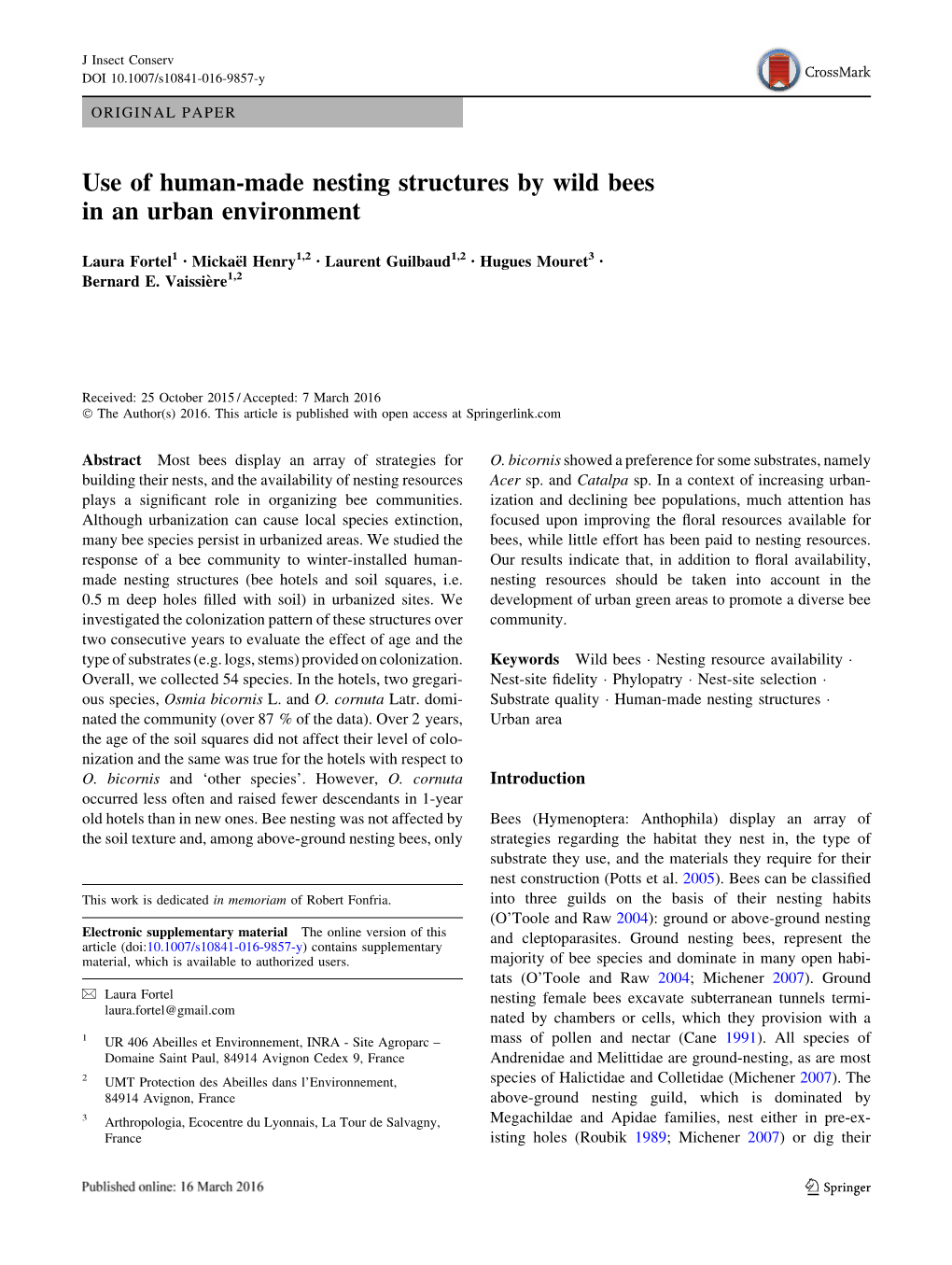 Use of Human-Made Nesting Structures by Wild Bees in an Urban Environment