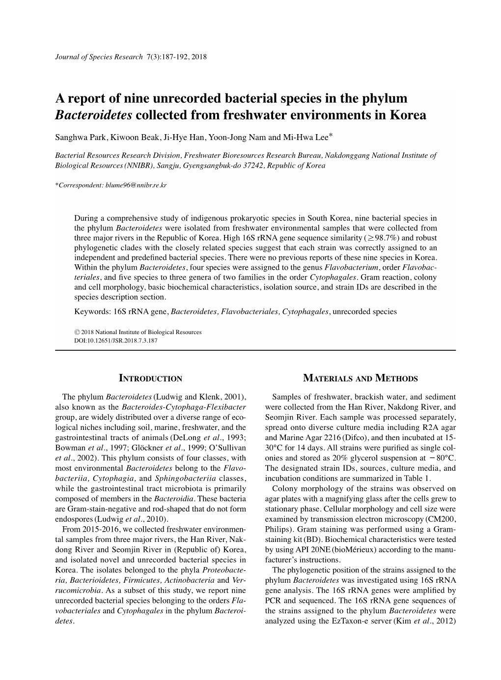 A Report of Nine Unrecorded Bacterial Species in the Phylum Bacteroidetes Collected from Freshwater Environments in Korea