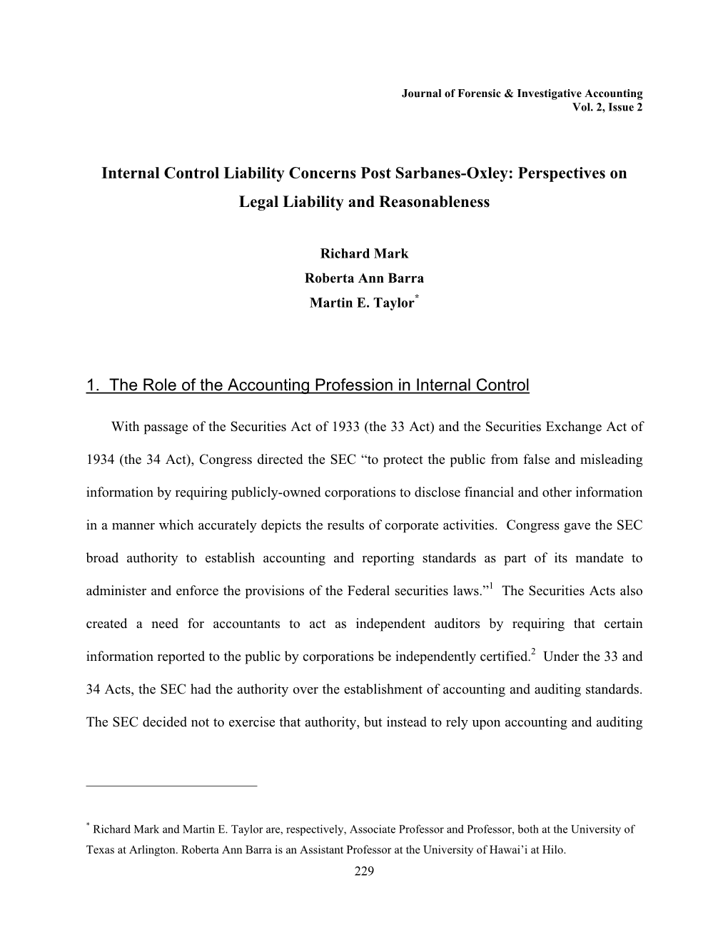 Internal Control Liability Concerns Post Sarbanes-Oxley: Perspectives on Legal Liability and Reasonableness