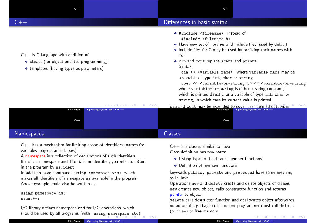 C++ Differences in Basic Syntax Namespaces Classes