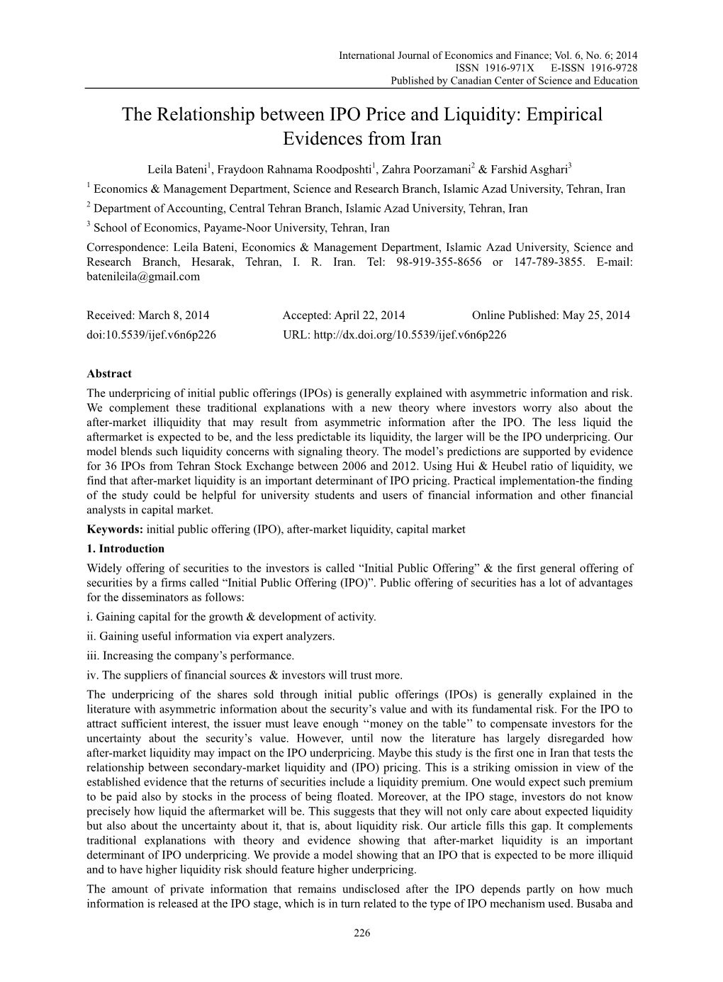 The Relationship Between IPO Price and Liquidity: Empirical Evidences from Iran