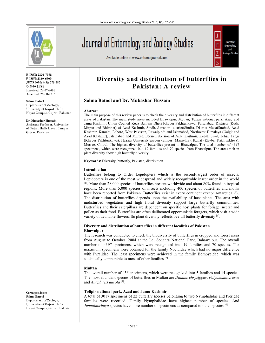 Diversity and Distribution of Butterflies in Pakistan