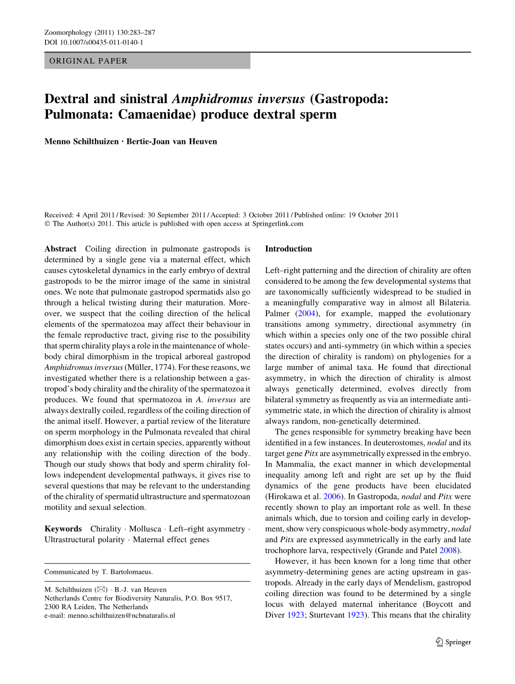 Dextral and Sinistral Amphidromus Inversus (Gastropoda: Pulmonata: Camaenidae) Produce Dextral Sperm