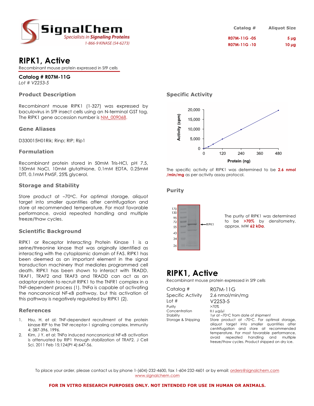 RIPK1, Active Recombinant Mouse Protein Expressed in Sf9 Cells