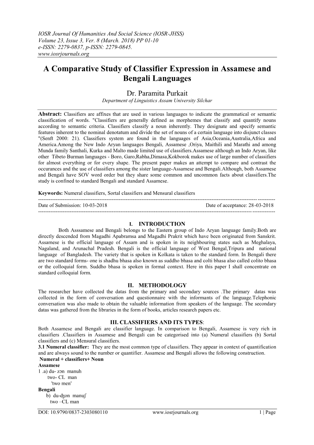 A Comparative Study of Classifier Expression in Assamese and Bengali Languages