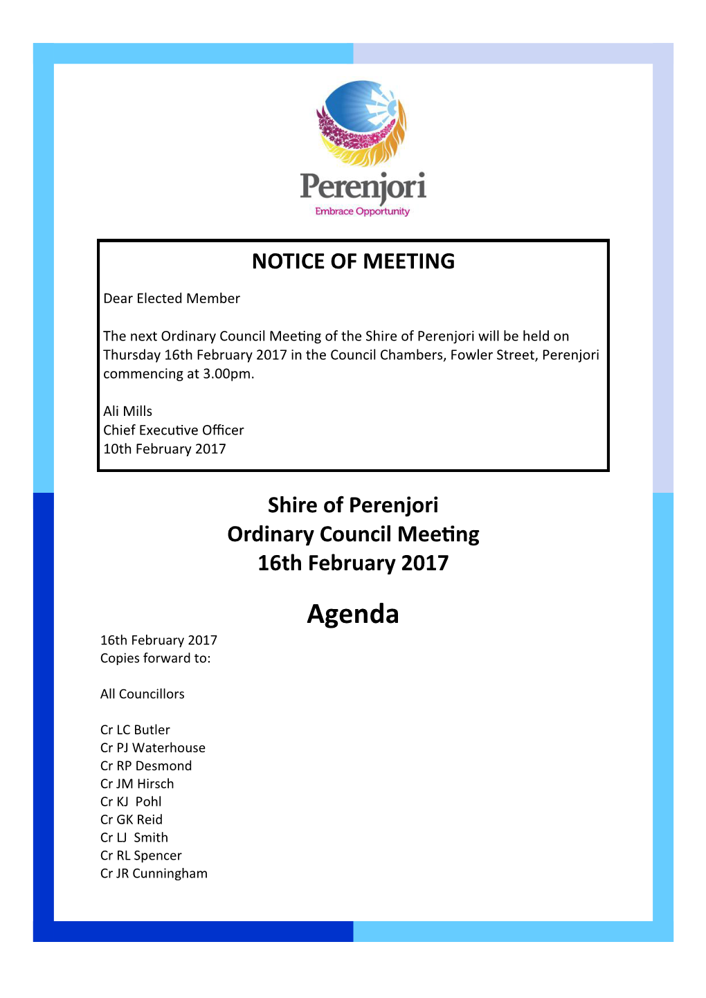 Agenda 16Th February 2017 Copies Forward To