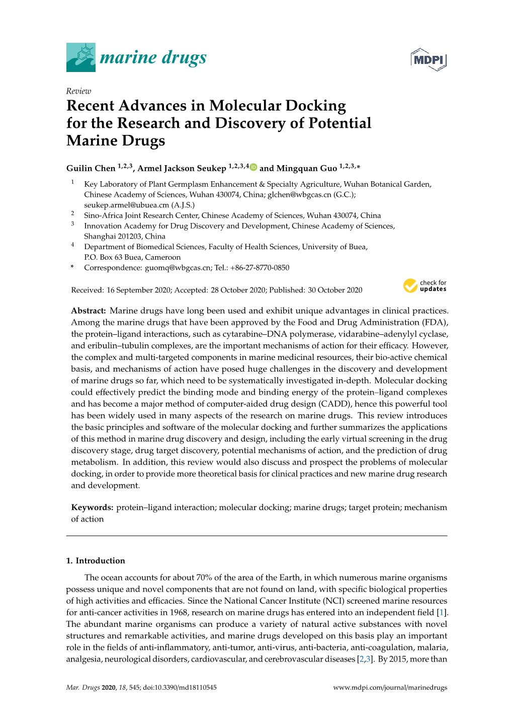 Recent Advances in Molecular Docking for the Research and Discovery of Potential Marine Drugs