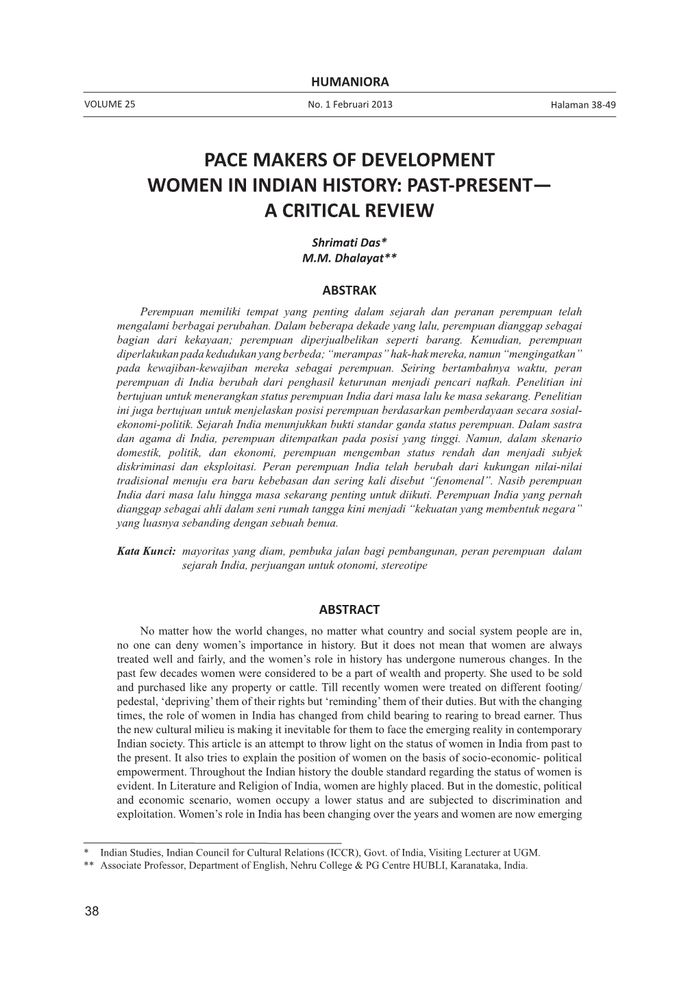 Pace Makers of Development Women in Indian History: Past-Present— a Critical Review