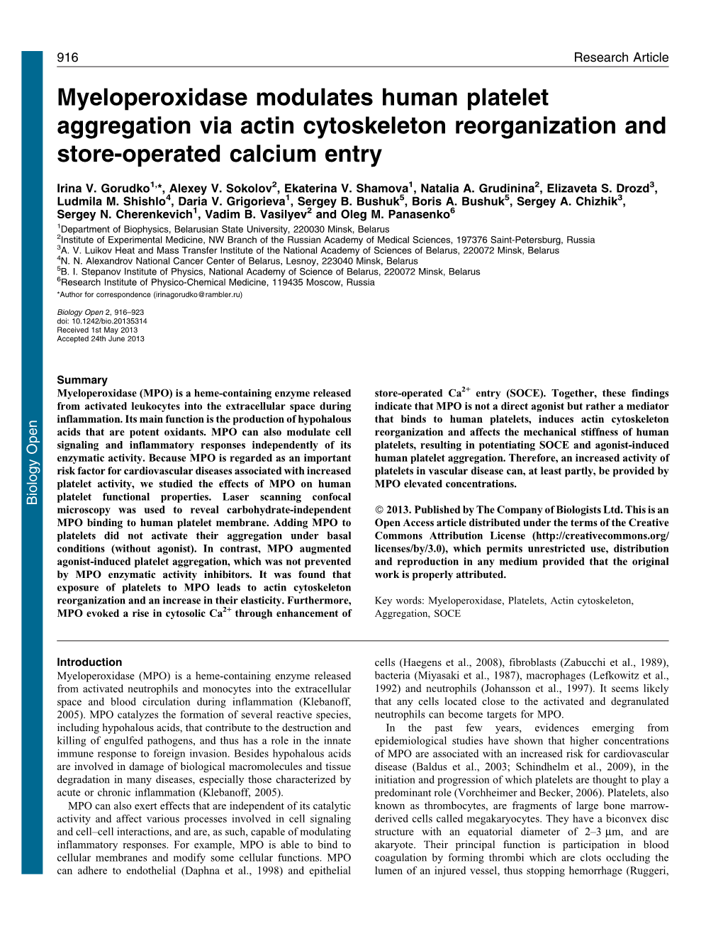 Myeloperoxidase Modulates Human Platelet Aggregation Via Actin Cytoskeleton Reorganization and Store-Operated Calcium Entry