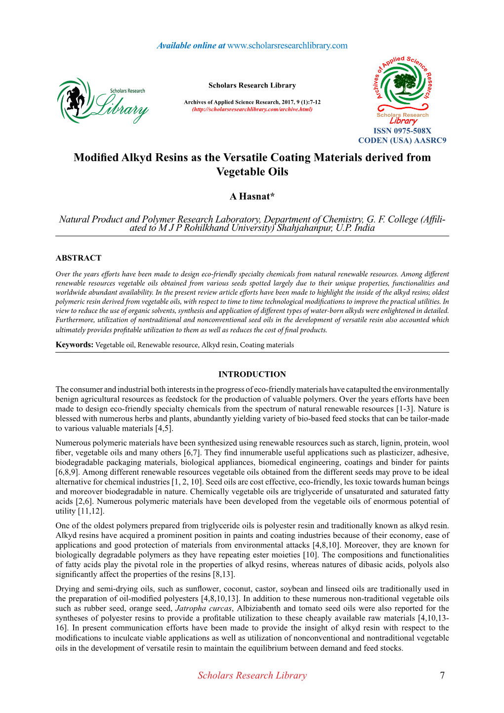 Modified Alkyd Resins As the Versatile Coating Materials Derived from Vegetable Oils