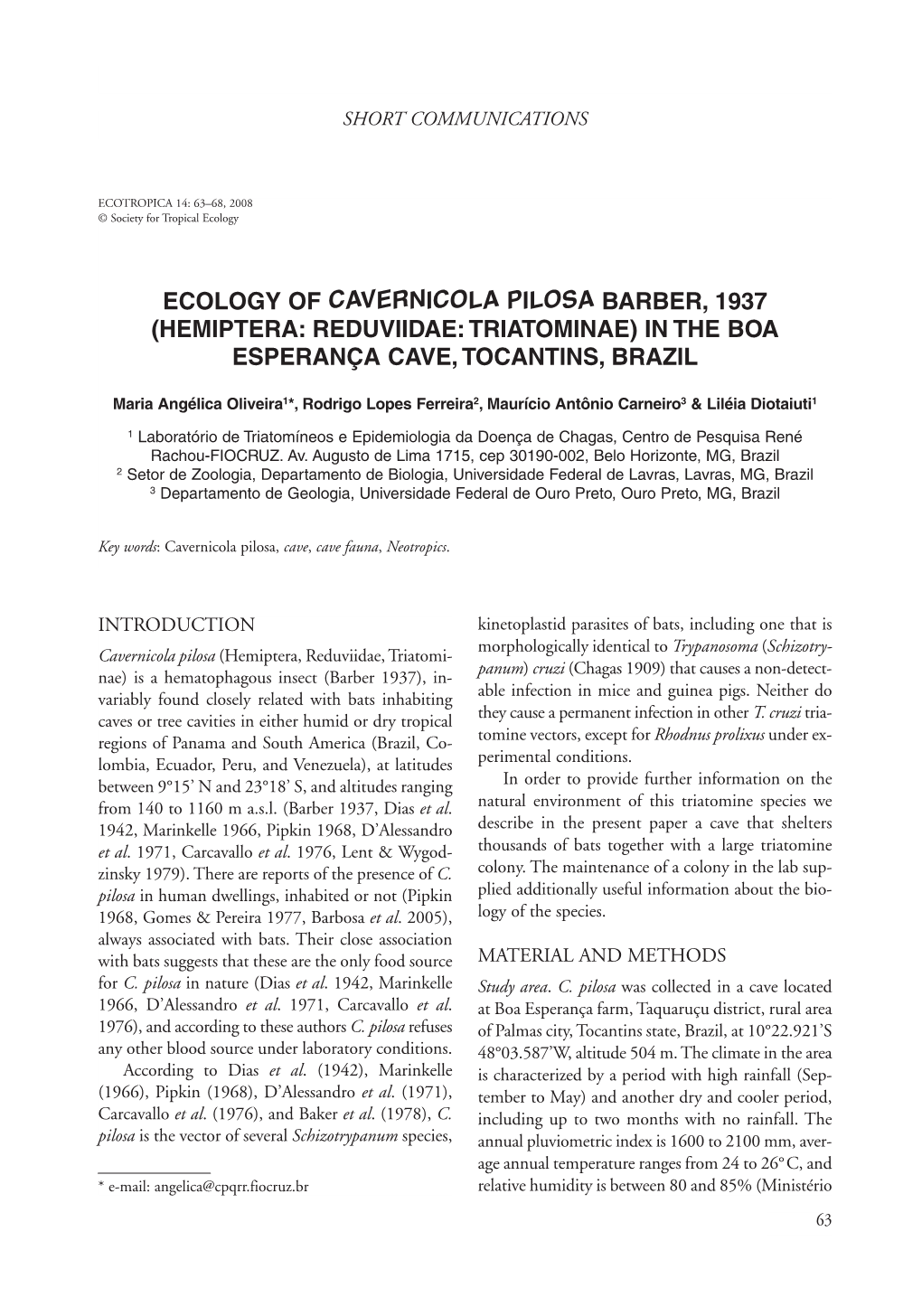 Ecology of Cavernicola Pilosa Barber, 1937 (Hemiptera: Reduviidae: Triatominae) in the Boa Esperança Cave, Tocantins, Brazil