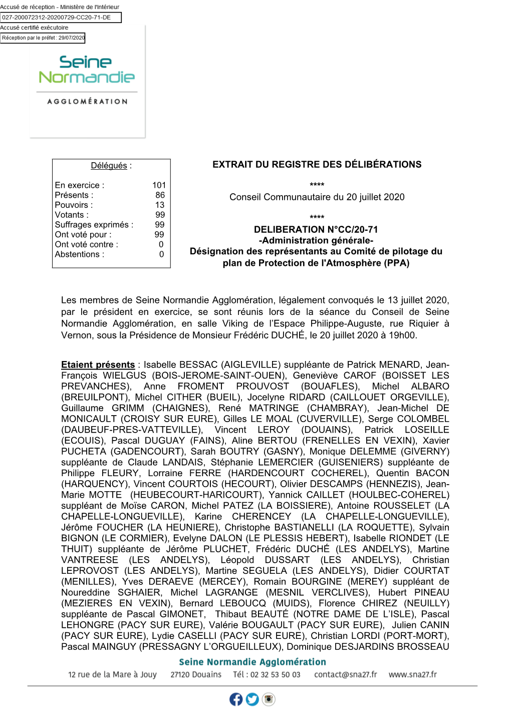 EXTRAIT DU REGISTRE DES DÉLIBÉRATIONS **** Conseil Communautaire Du 20 Juillet 2020 **** DELIBERATION N°CC/20-71 -Administrat