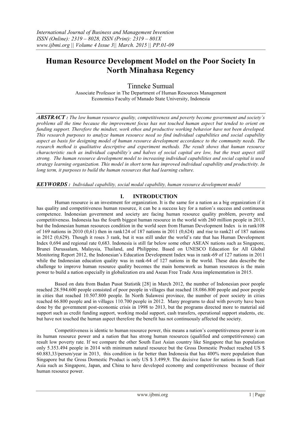 Human Resource Development Model on the Poor Society in North Minahasa Regency