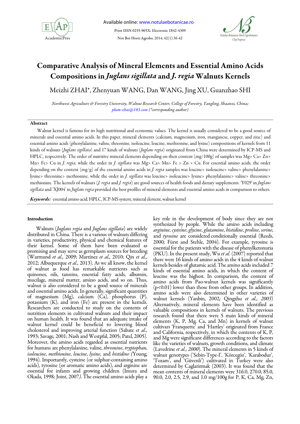 Comparative Analysis of Mineral Elements and Essential Amino Acids Compositions in Juglans Sigillata and J