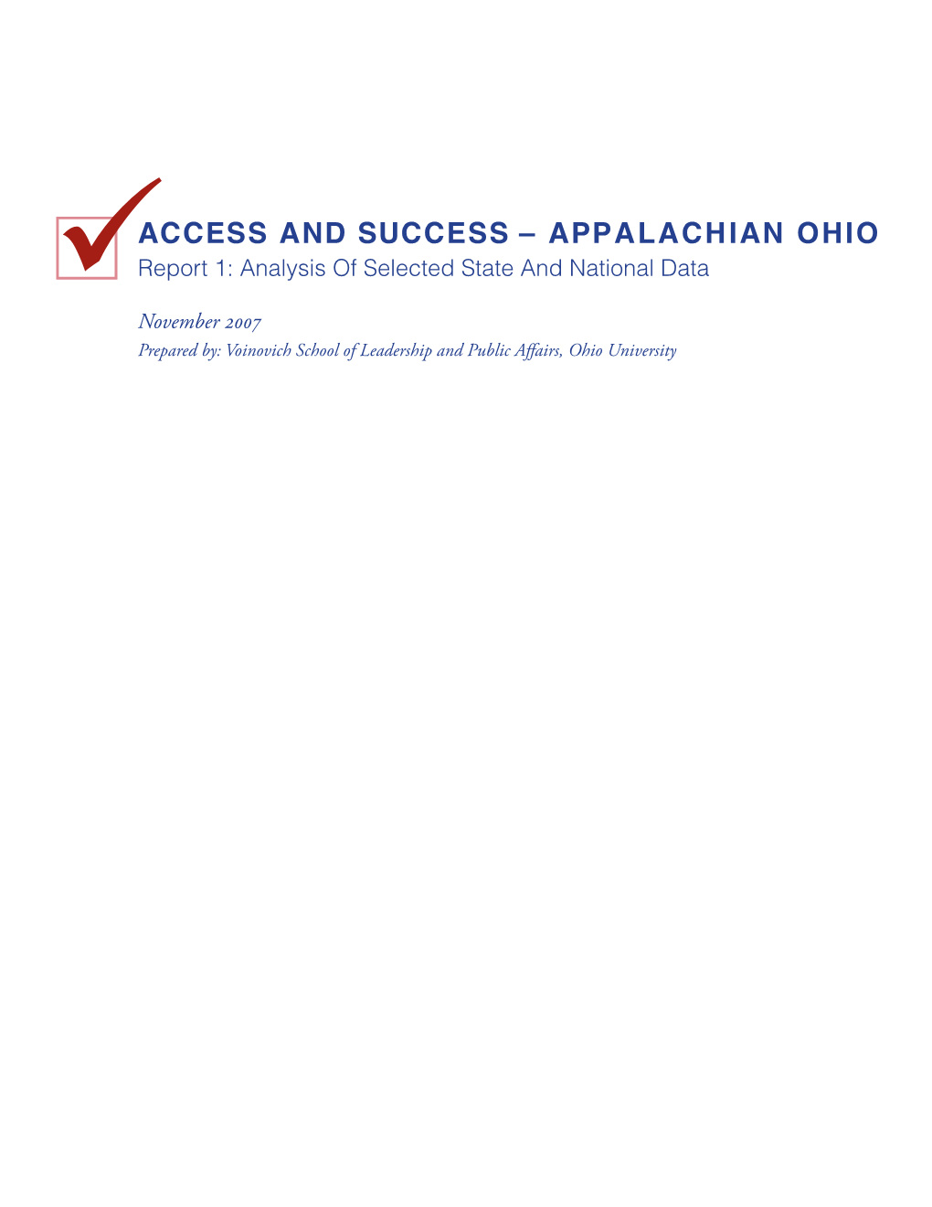 Appalachian Ohio Report 1: Analysis of Selected State and National Data