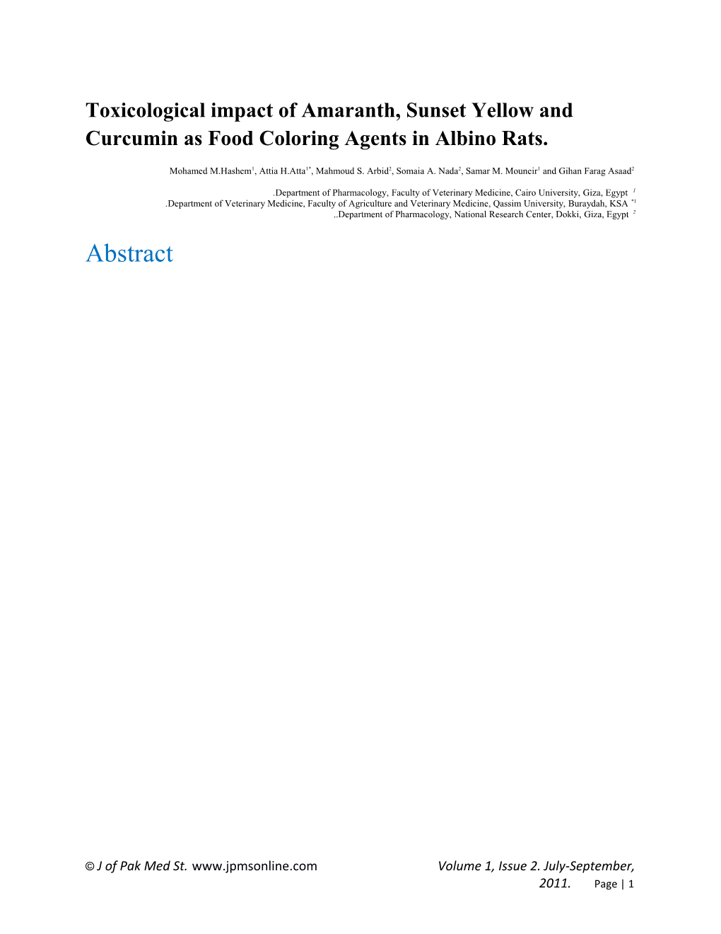 Toxicological Impact of Amaranth, Sunset Yellow and Curcumin As Food Coloring Agents In