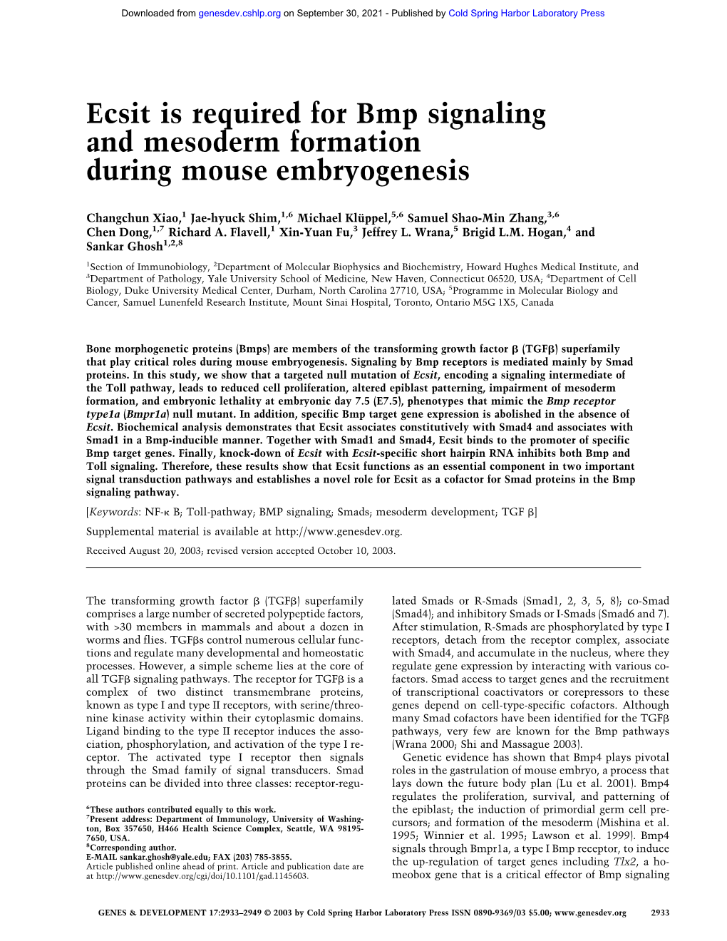 Ecsit Is Required for Bmp Signaling and Mesoderm Formation During Mouse Embryogenesis