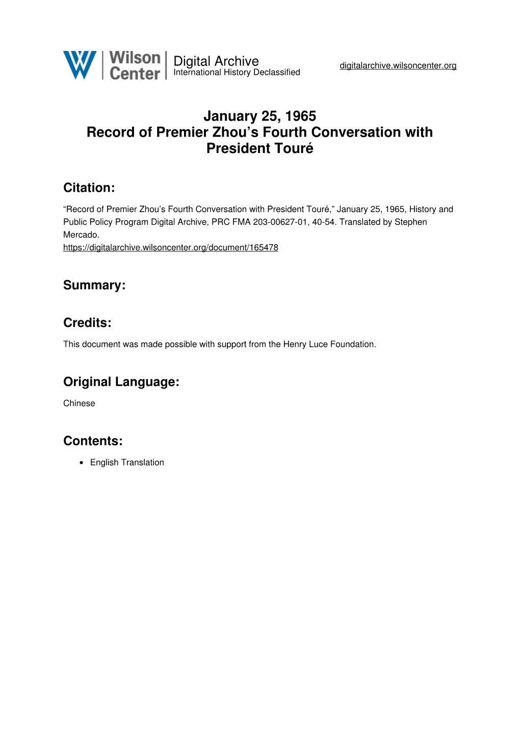 January 25, 1965 Record of Premier Zhou's Fourth Conversation With