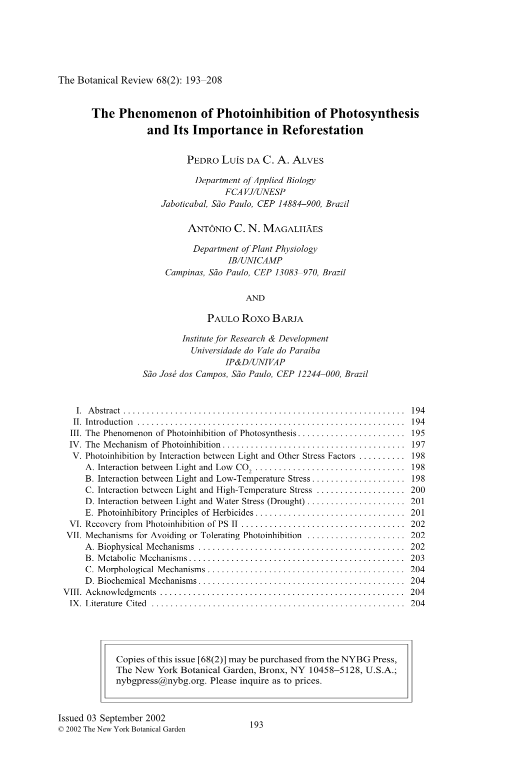 The Phenomenon of Photoinhibition of Photosynthesis and Its Importance in Reforestation